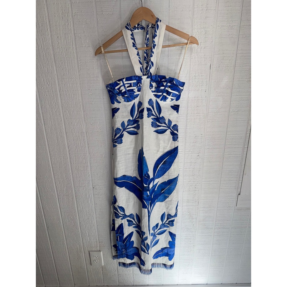Farm Rio Floral Halter Midi Dress Women Blue White Beaded Fringe Small
